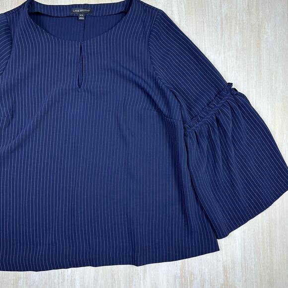 Lane Bryant Navy Key Hole Pin Stripe Bell Sleeve Print Long Sleeve Blouse 14/16 - Picture 5 of 14